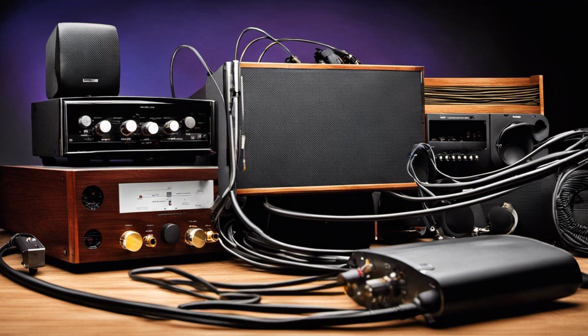 Image description: Various audio equipment and cables, symbolizing audio artifacts and their solutions