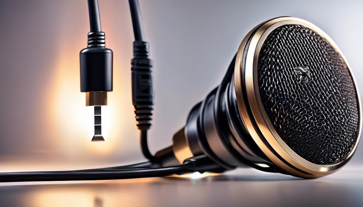 Image depicting a microphone and a plugged-in cable with a glowing power switch, symbolizing the connection and operation of phantom power.