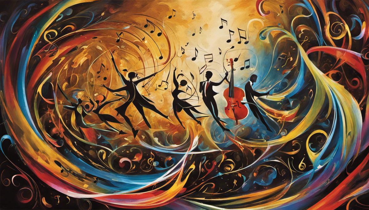 A graphic representation of music notes intertwined with dancing figures, representing the adventures of the musical kind.