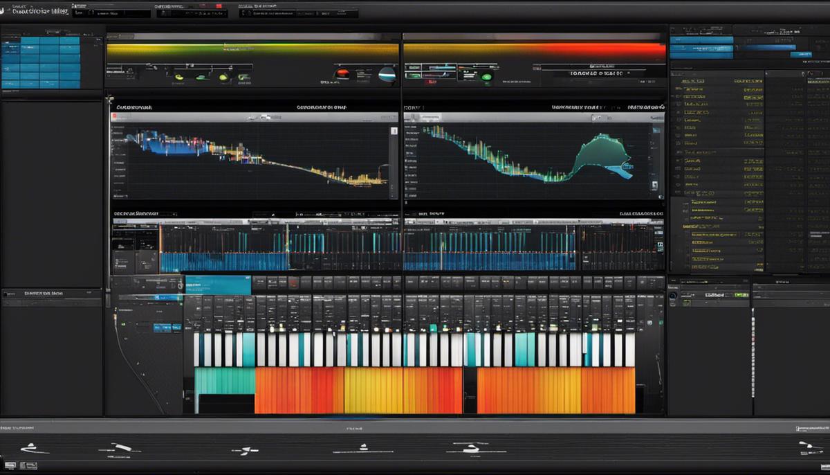 An image showing a digital audio workstation with multiple audio tracks, sliders, and visualizers.