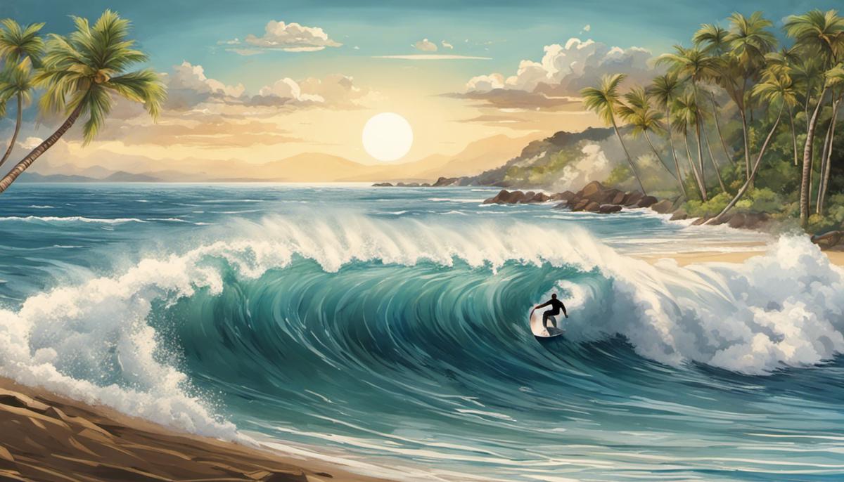 Image description: An illustration of a beach with a surfer riding a wave.