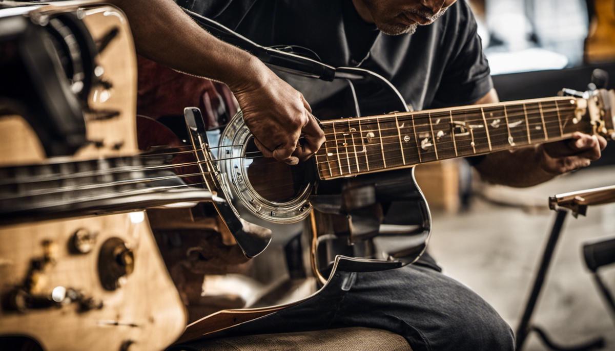 Image depicting a guitar being worked on by a technician, highlighting the importance of addressing common sound issues in order to achieve optimal sound quality.