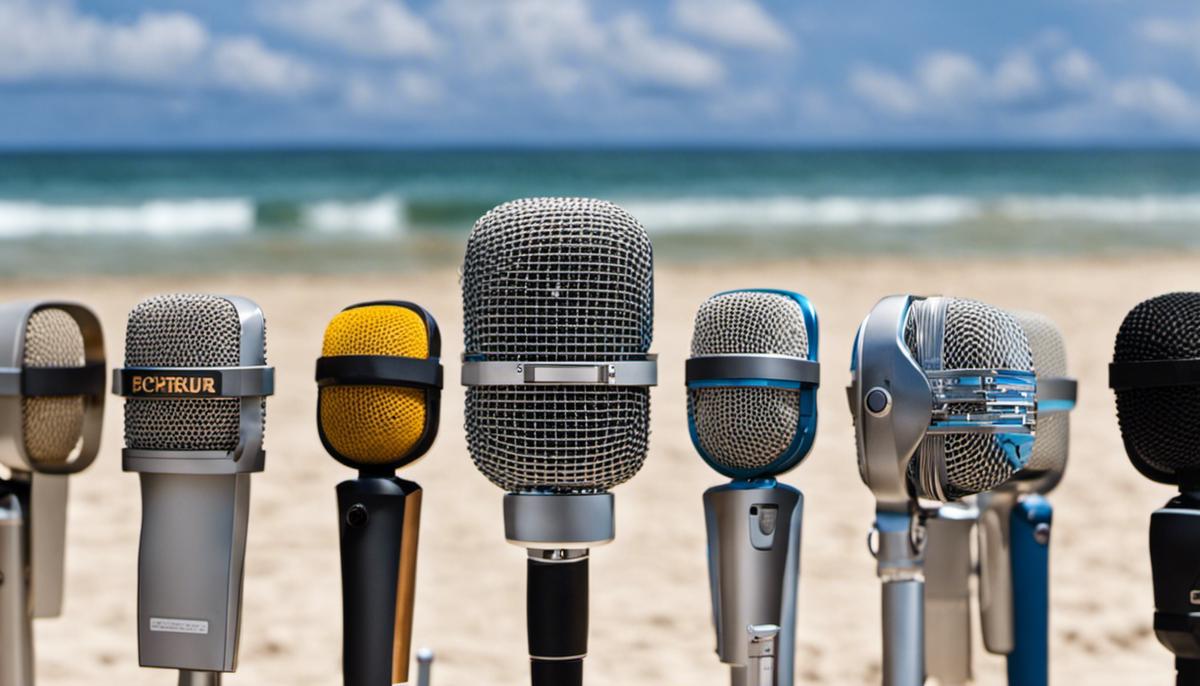 Image of various microphones lined up on a beach, ready to catch sound waves