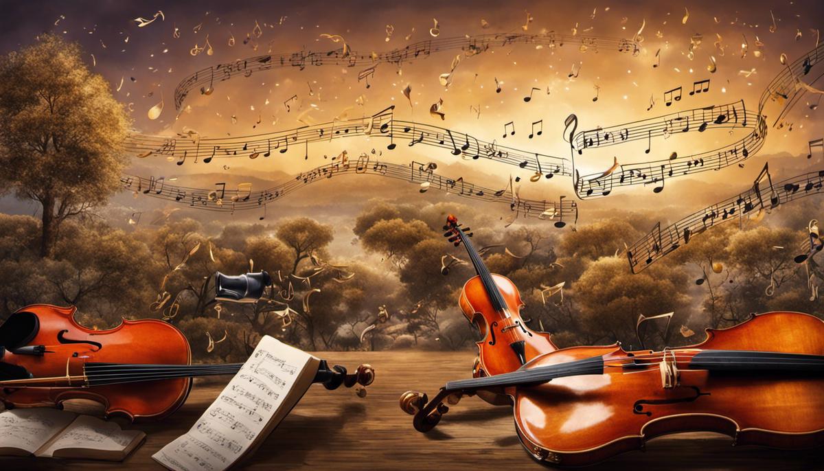 Illustration of a majestic symphony, with notes floating in the air and instruments playing in harmony.