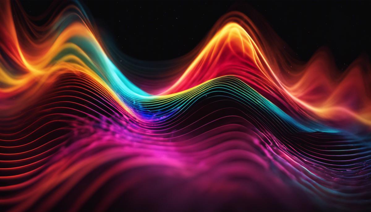 A visualization of sound waves in vibrant colors, representing the beauty and complexity of the physics of music.
