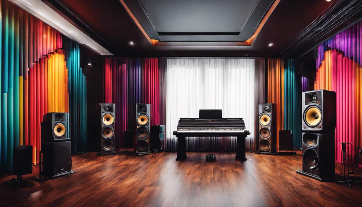 An image of a room with vibrant colors and sound waves filling the space, representing the importance of the vibe in mastering tracks